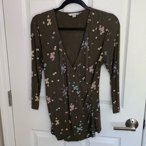 Boden olive green wrap top with feminine floral print size 12